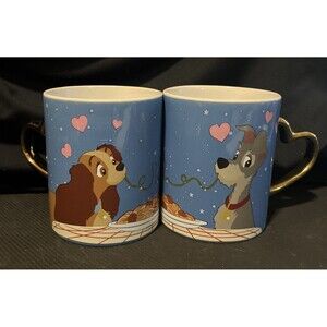 DISNEY LADY AND THE TRAMP CERAMIC MUG SET OF TWO 14OZ - Gold Heart Handle